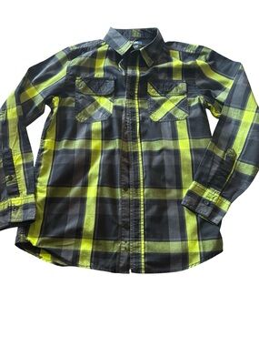 Hawke & Co Boys Black and Neon Yellow Plaid Button-Down Shirt